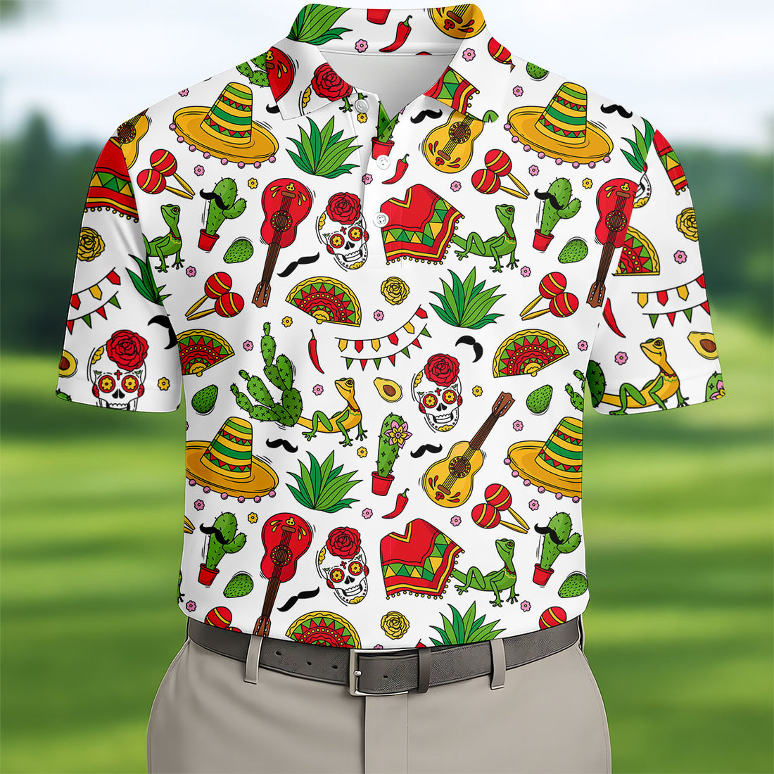 Mexican Instruments Funny Cacti Golf Tops For Men, Cinco De Mayo Celebration Golf Shirts For Men