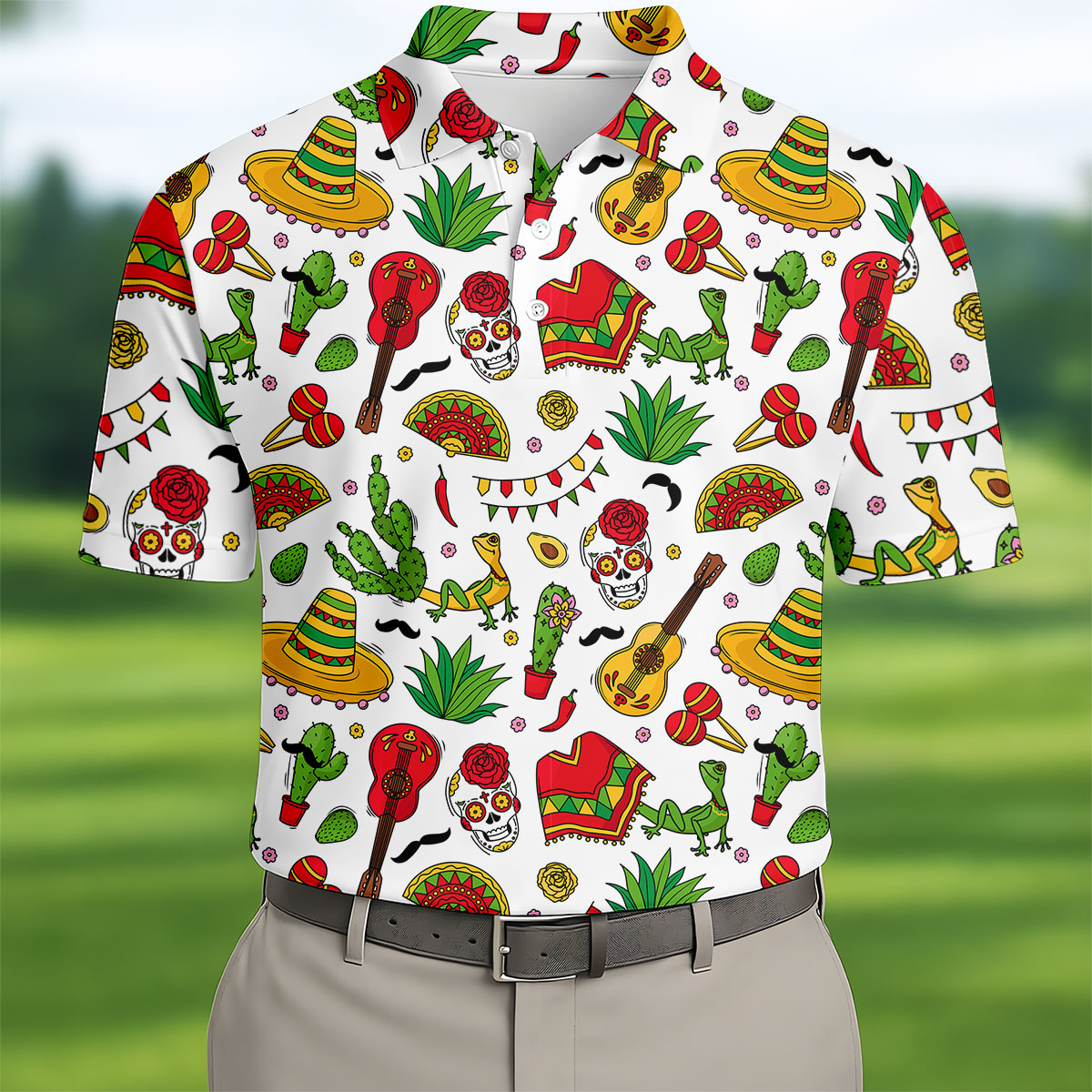 Mexican Instruments Funny Cacti Golf Tops For Men, Cinco De Mayo Celebration Golf Shirts For Men