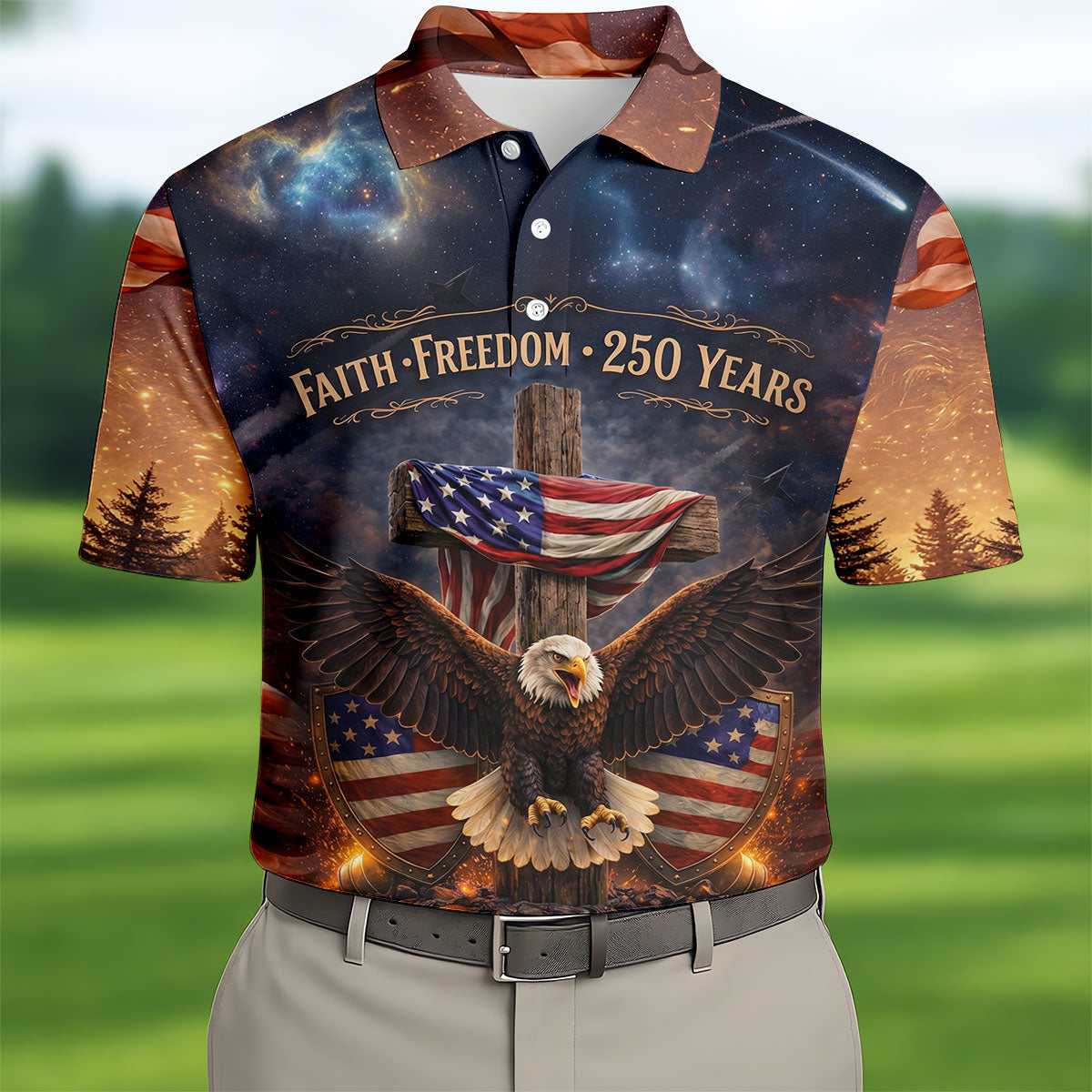 Faith Freedom 250 Years Galaxy Pattern US Flag Golf Shirt, Patriotic 4th Of July Golf Shirts For Men