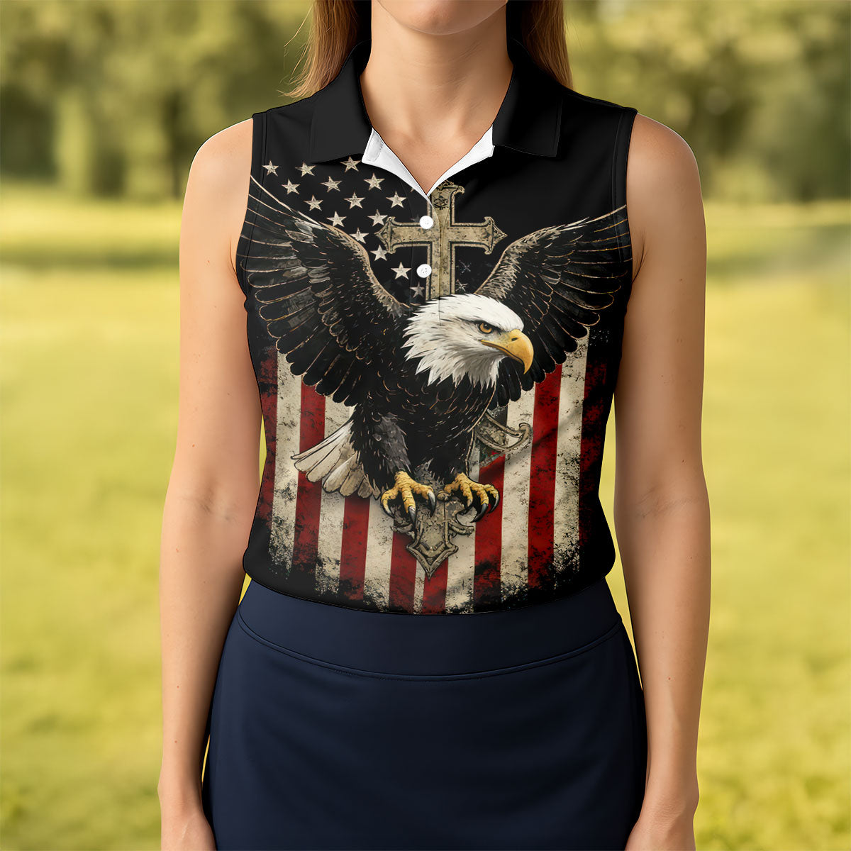 Faith Cross Bald Eagle And US Flag Black Golf Shirt, Patriotic 4th Of July Golf Shirt For Women