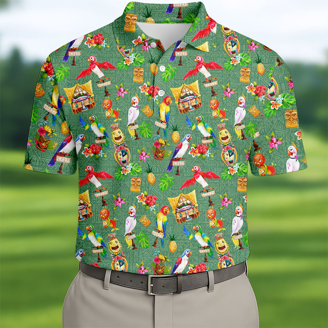 Tropical Tiki Parrot Island Hawaiian Golf Polo Shirt, Golf Shirts For Men, Printed Golf Shirts