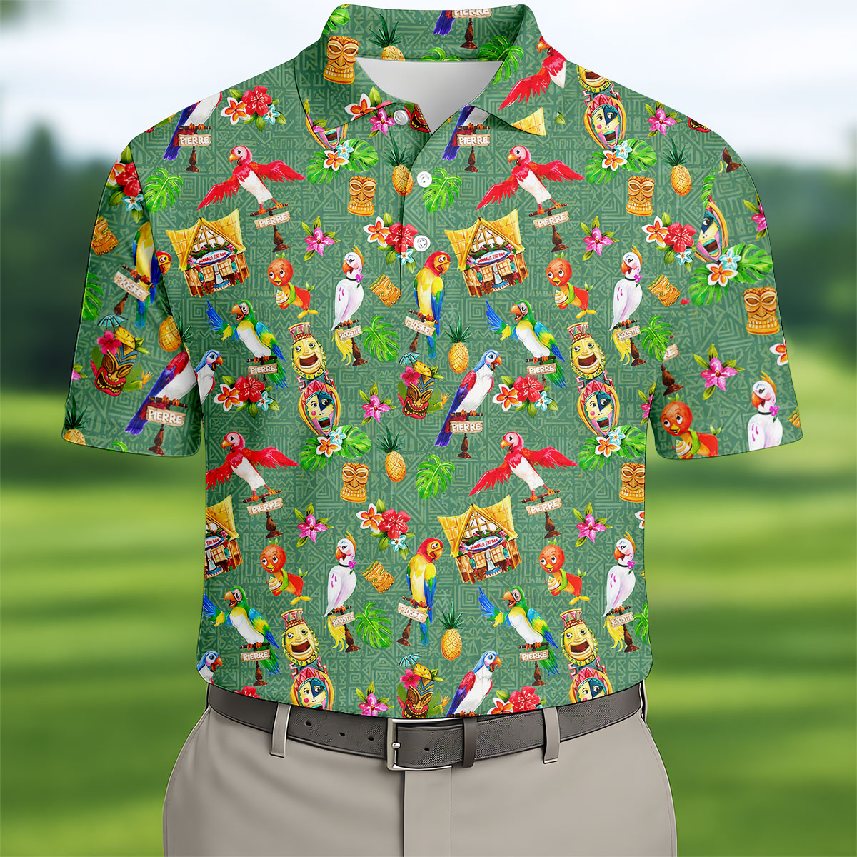 Tropical Tiki Parrot Island Hawaiian Golf Polo Shirt, Golf Shirts For Men, Printed Golf Shirts