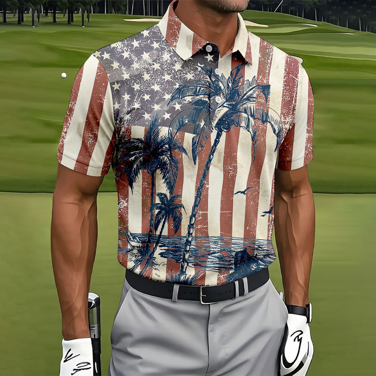 Hawaiian Theme Distressed US Flag Patriotic Golf Shirt, 250 Years 4th Of July Golf Shirts For Men