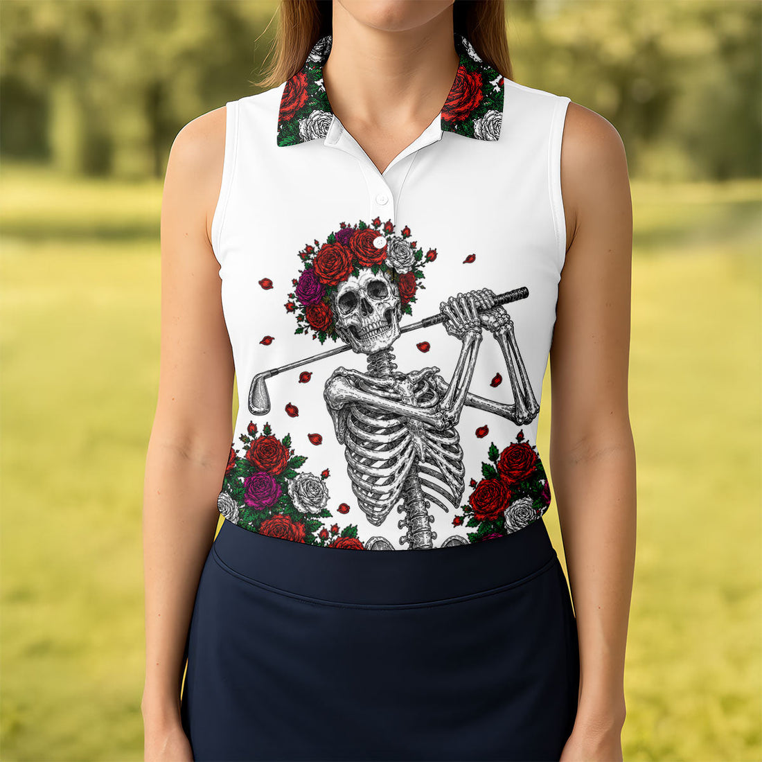 Rose Crown Skeleton Golfer Halloween Polo Shirt, Golf Tops For Women, Ladies Golf Top