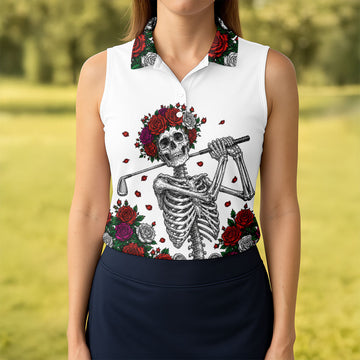 Rose Crown Skeleton Golfer Halloween Polo Shirt, Golf Tops For Women, Ladies Golf Top