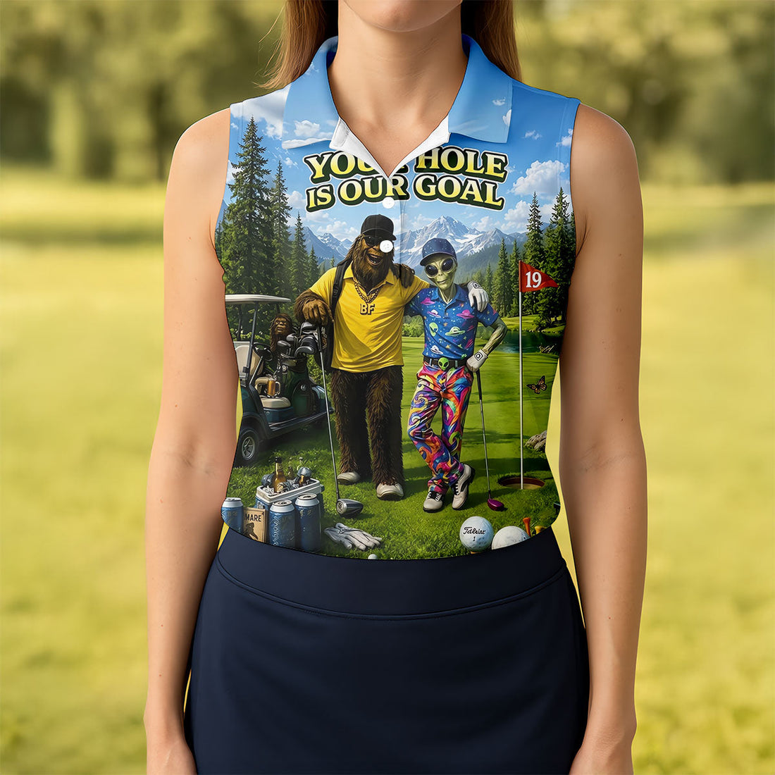 Your Hole Is Our Goal Funny Bigfoot Alien Golf Polo Shirt, Ladies Golf Top, Golf Shirt