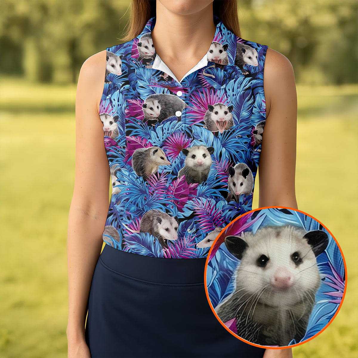 Funny Opossum Blue Purple Hawaiian Golf Shirt, Tropical Theme Golf Shirt For Women