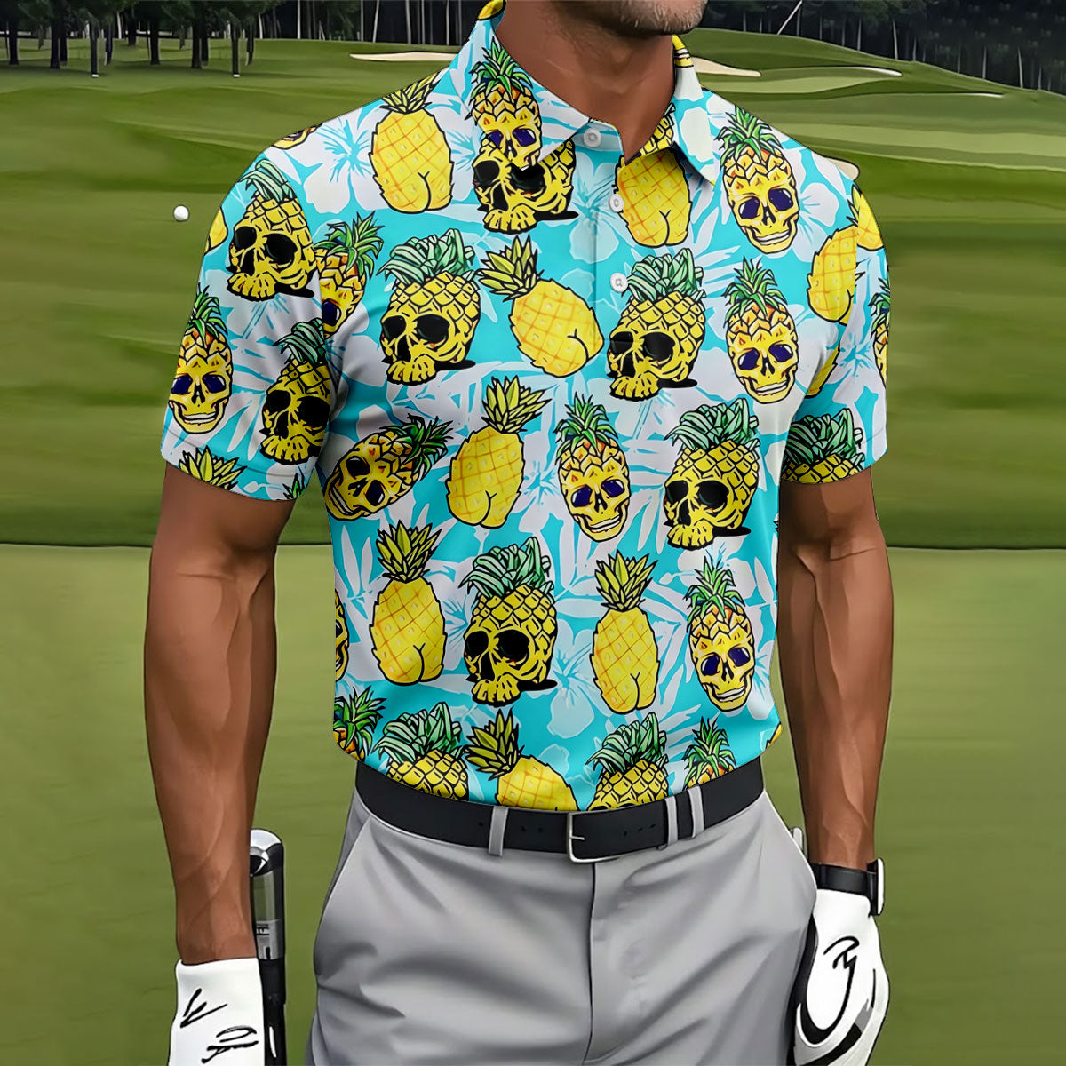 Tropical Pineapple Skull Pattern Golf Shirt, Mens Golf Shirts, Hawaiian Golf Shirt, Golf Apparel For Men