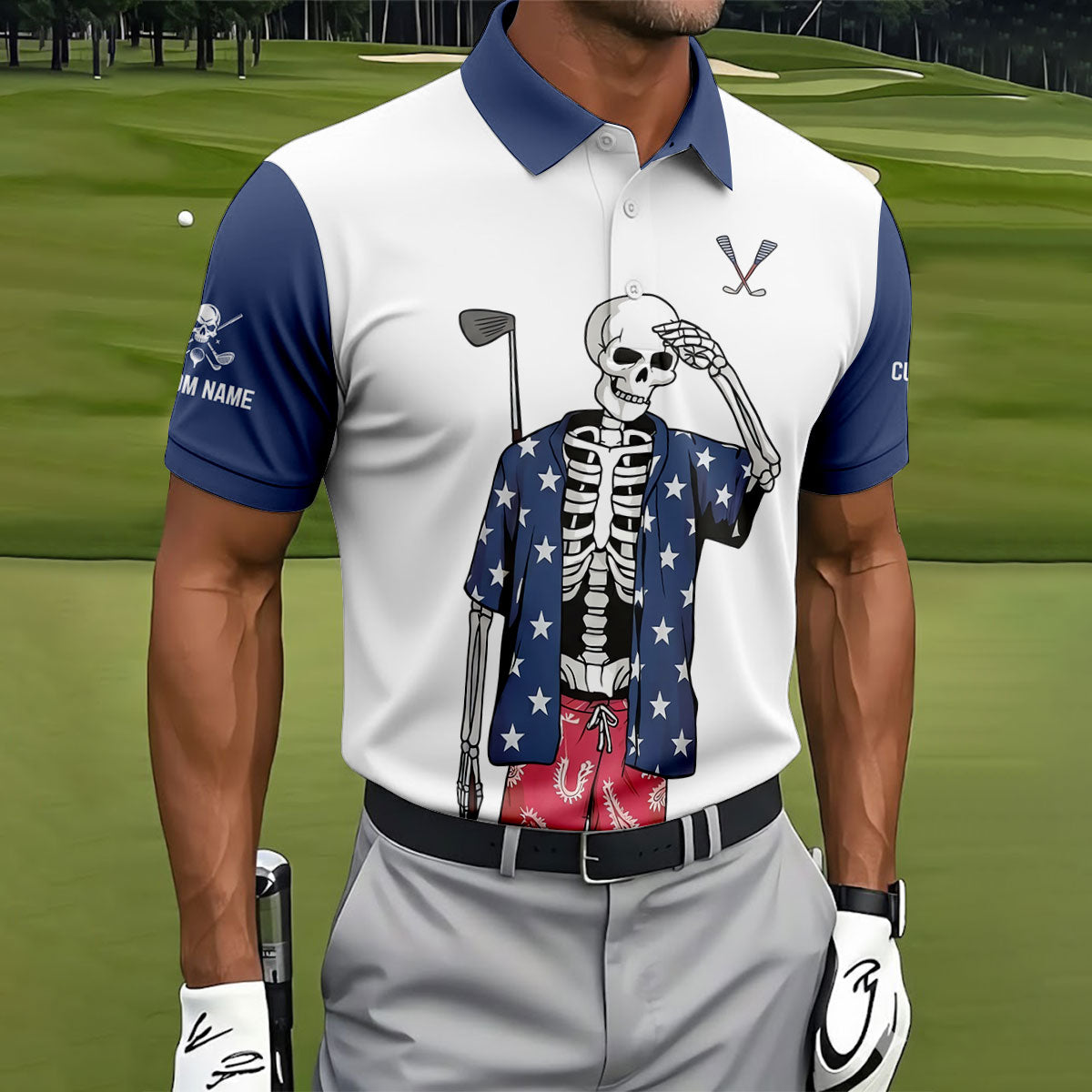 Skeleton Golf White Navy 4th Of July Patriotic Golf Shirt, 250 Years Golf Shirts For Men