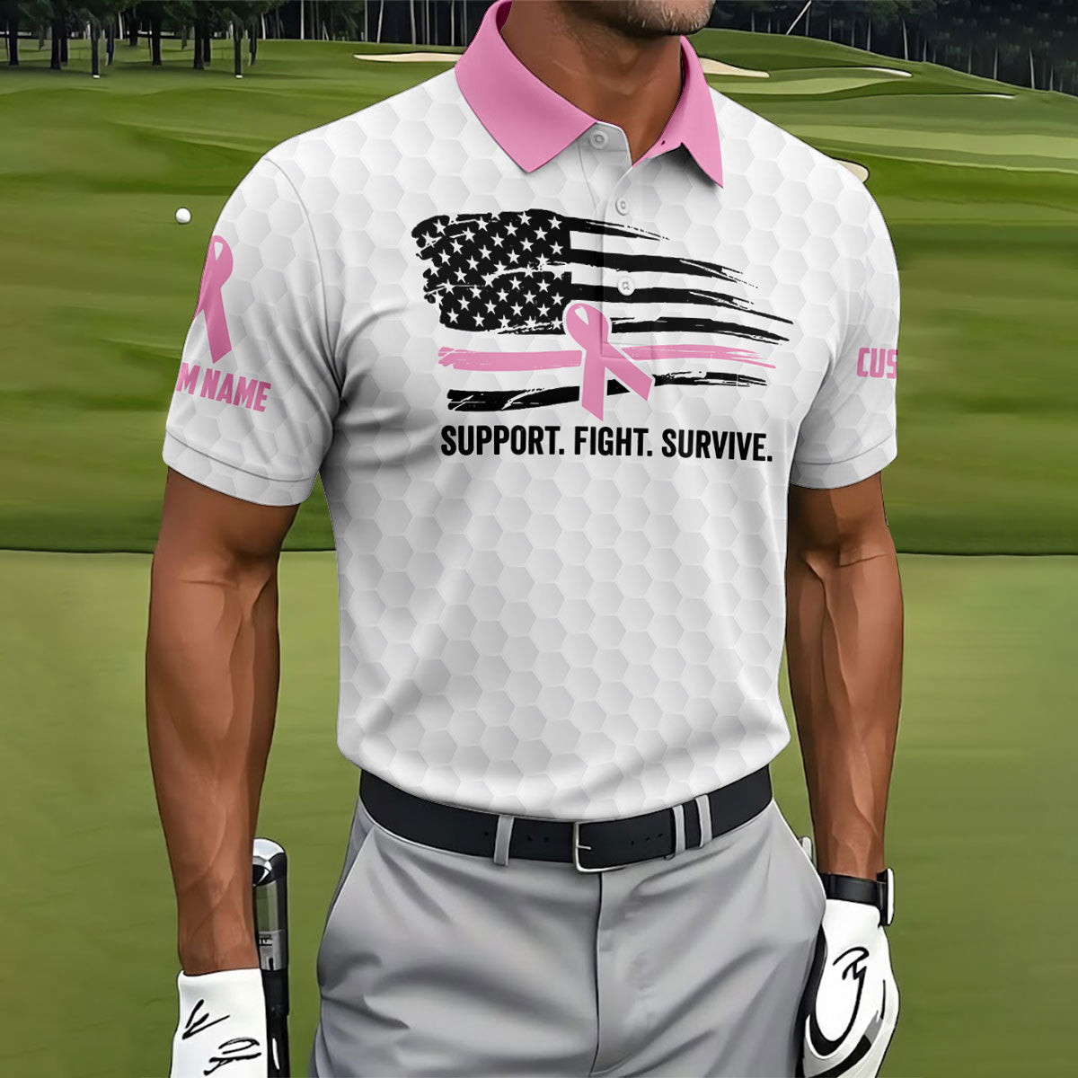 Custom Support Fight Survive Breast Cancer Polo Shirt, Men's Golf Shirt, Mens Golf Apparel