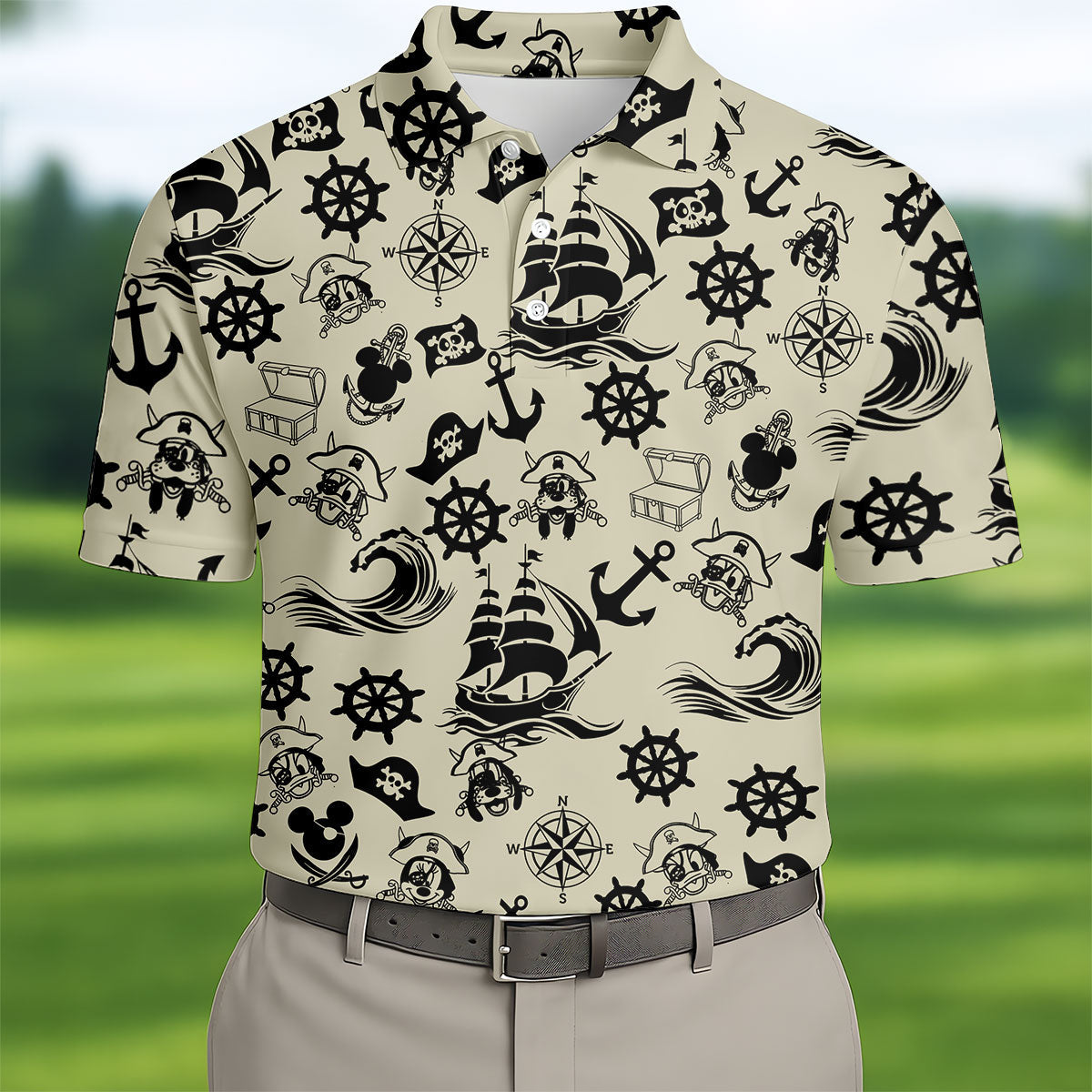 Vintage Pirate Nautical Pattern Golf Polo Shirt, Hawaiian Golf Shirt, Golf Polo Shirts For Men