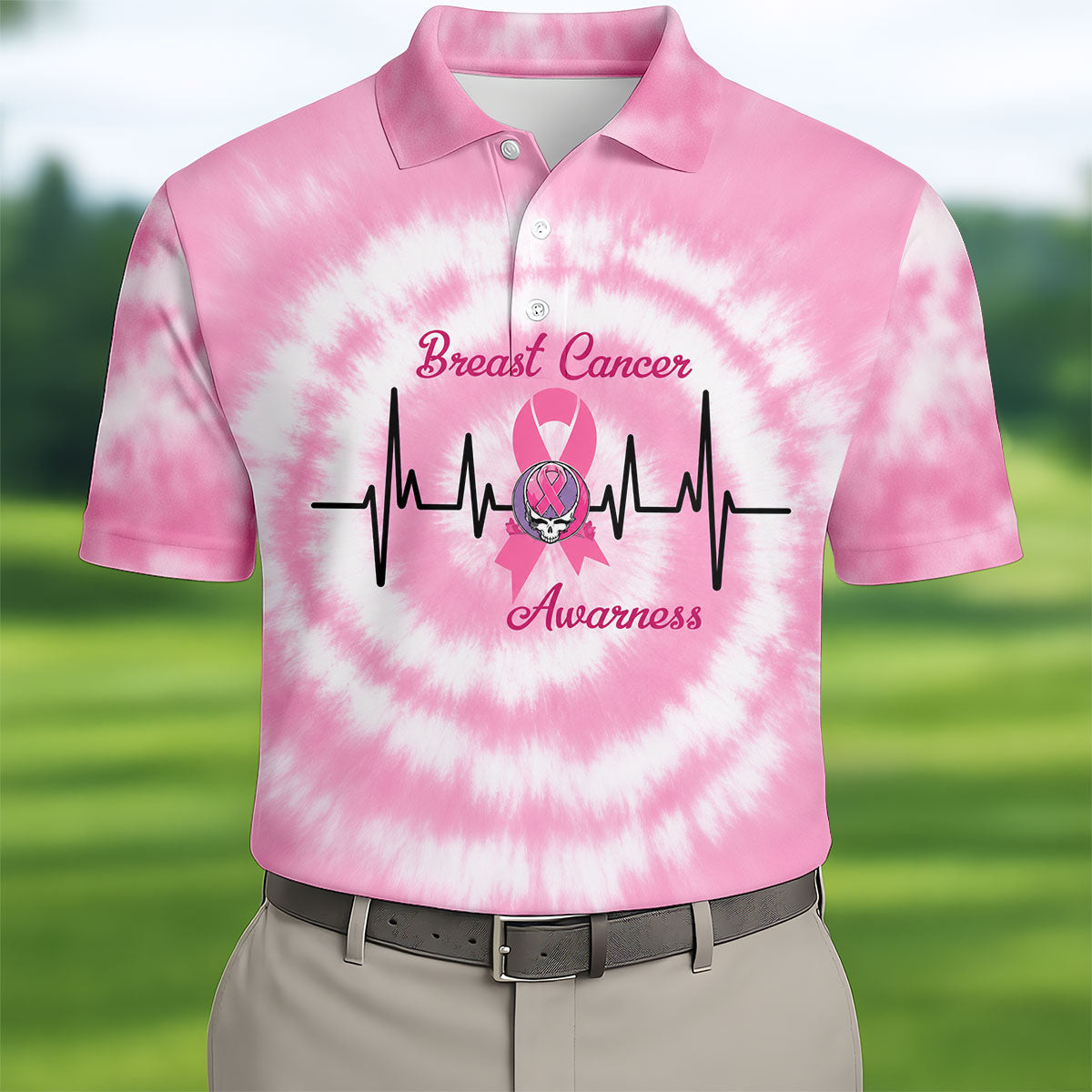 Hope For A Cure Tie Dye Skull Breast Cancer Polo Shirt, Mens Golf Polo, Printed Golf Shirts