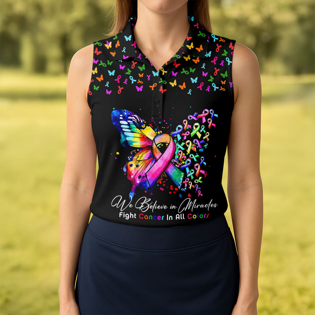 We Believe In Miracles Butterfly Breast Cancer Shirt, Women's Golf Tops, Ladies Golf Top