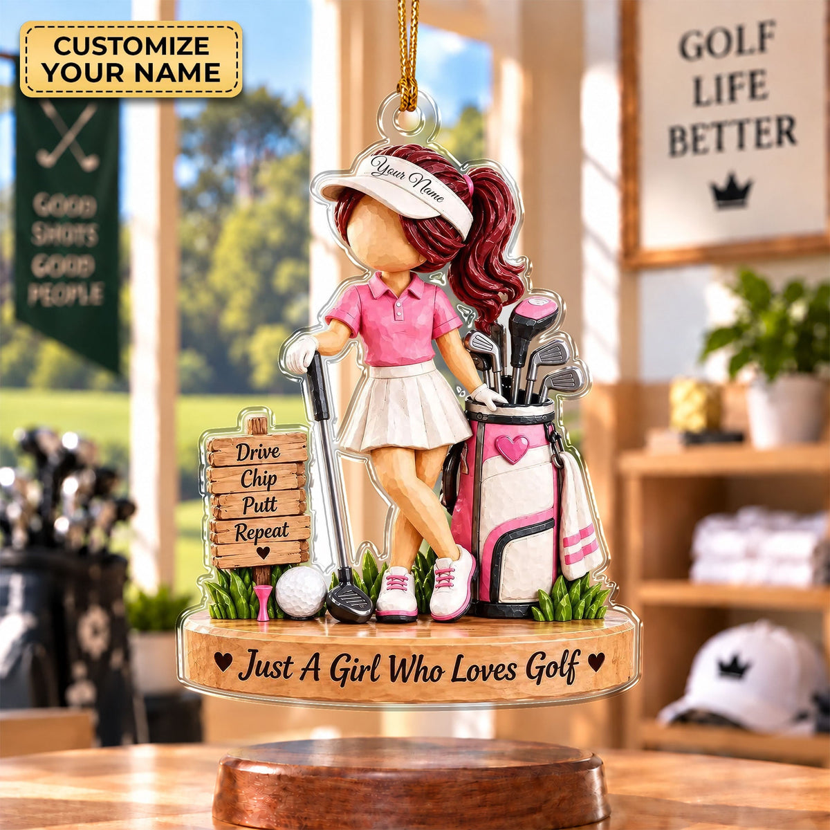 Custom Name Golf Girl Acrylic Ornament, Christmas Keepsake, Christmas Tree Decor