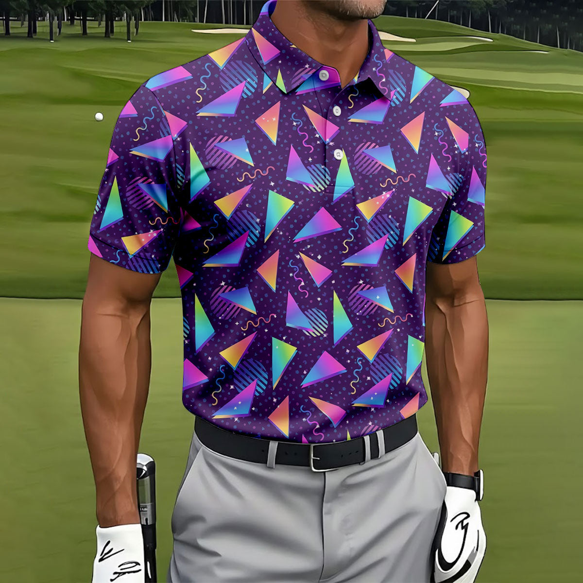 Retro Memphis Geometric Pattern Golf Polo Shirt, Men's Golf Shirt, Golf Apparel For Men
