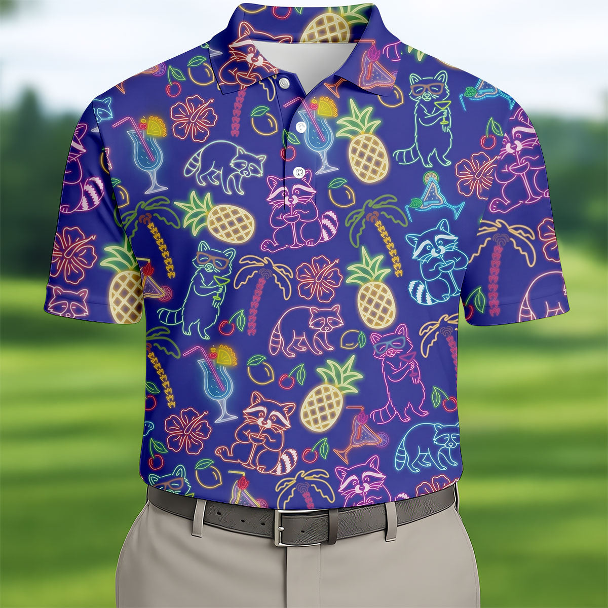 Neon Tropical Raccoon Cocktail Pattern Hawaiian Golf Shirt, Men's Golf Shirt, Polo Shirts For Men