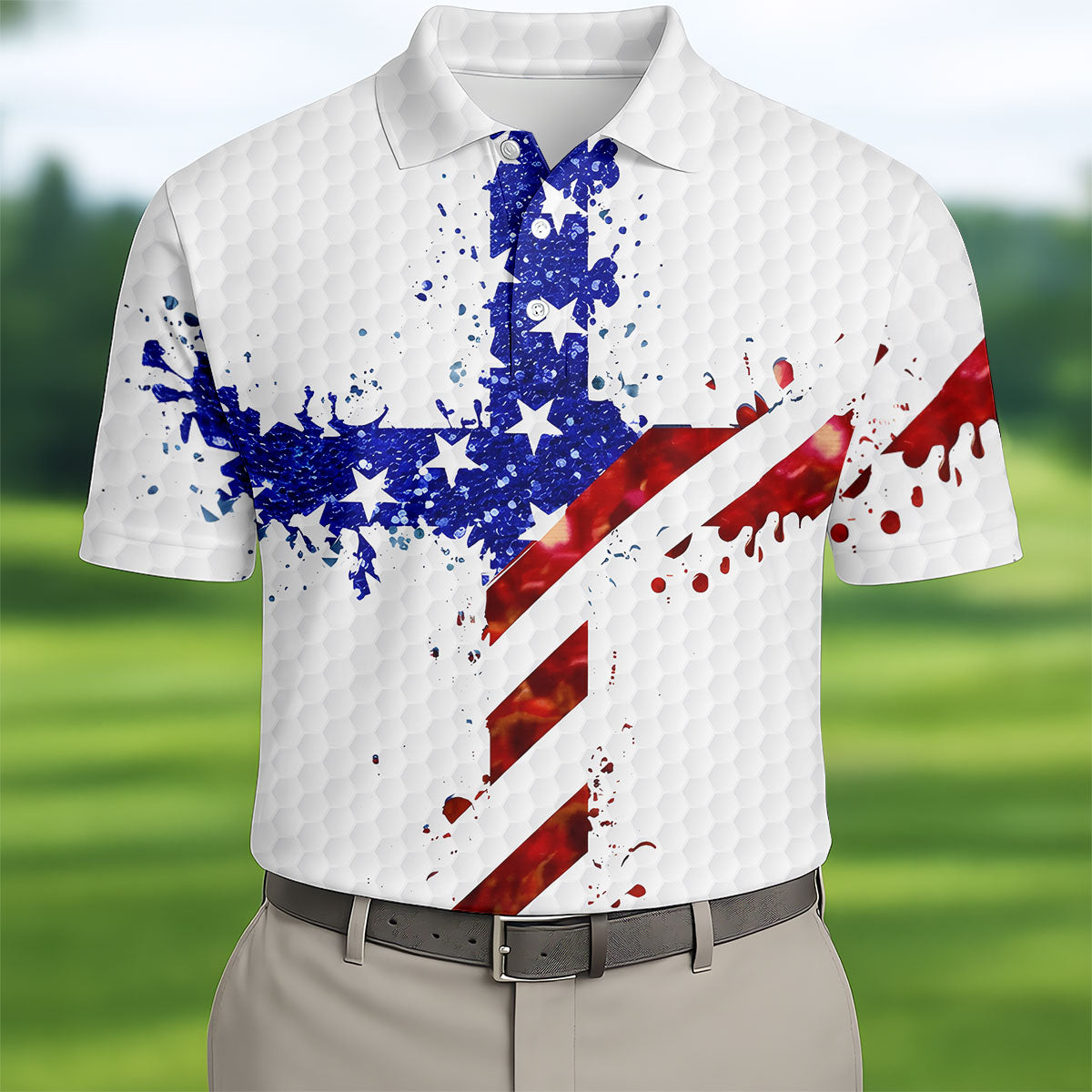 Red White Blue Paint Splash Faith Cross Patriotic Golf Shirt, 250 Years 4th Of July Golf Shirts For Men