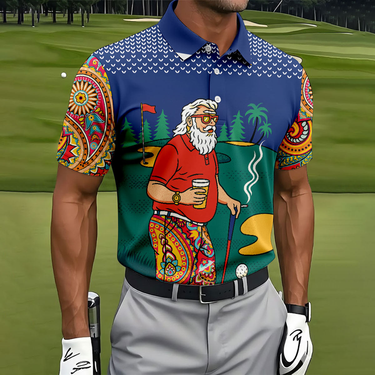 Vintage Bearded Golfer With Paisley Pants Golf Polo Shirt, Hawaiian Golf Shirt, Mens Golf Polo