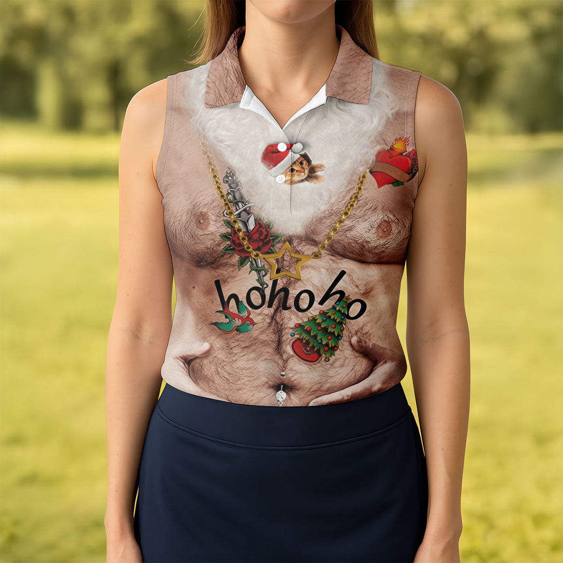 Women's Santa Beer Belly Costume Golf Shirt, Christmas Golf Shirt, Women’s Golf Apparel