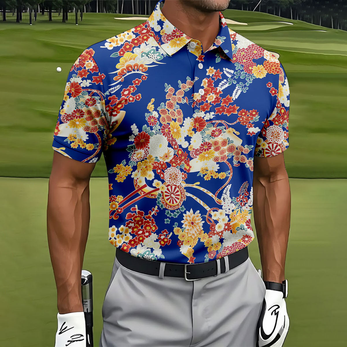 Royal Blue Japanese Floral Pattern Golf Shirt, Mens Golf Apparel, Printed Golf Shirts