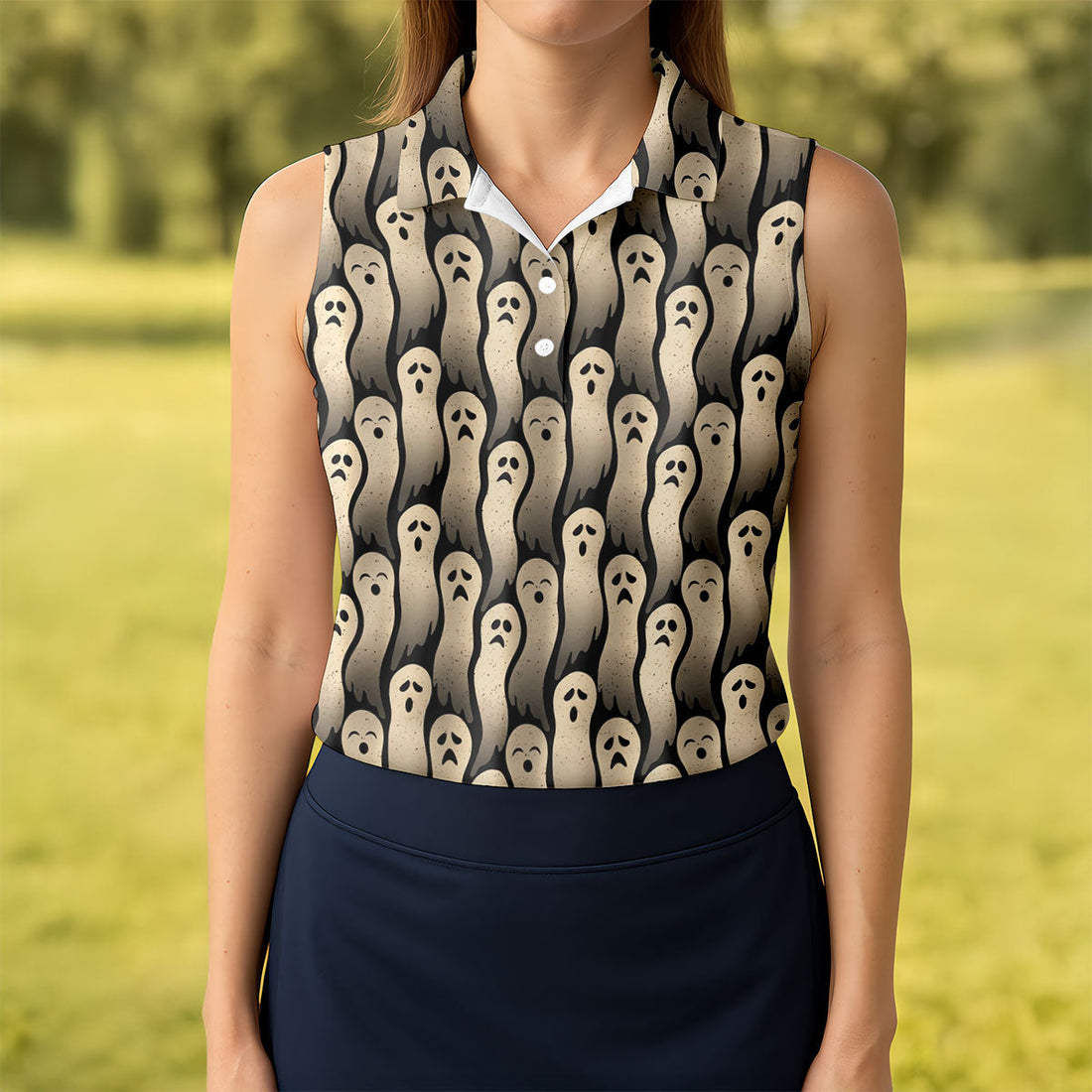 Halloween Ghost Pattern Golf Polo Shirt, Women's Golf Polo, Ladies Golf Shirts