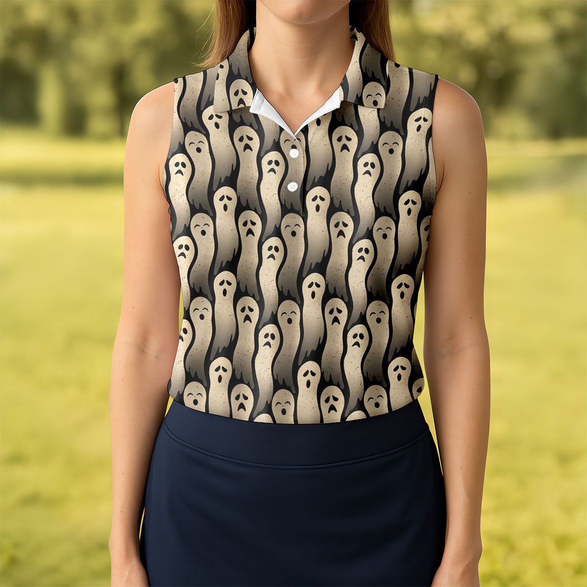 Halloween Ghost Pattern Golf Polo Shirt, Women's Golf Polo, Ladies Golf Shirts