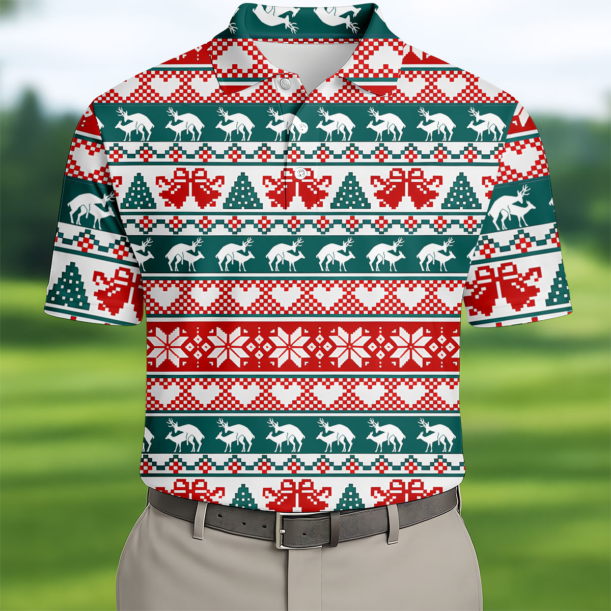 Christmas Reindeer Bells Snowflake Golf Polo Shirt, Mens Golf Shirts, Polo Shirts For Men