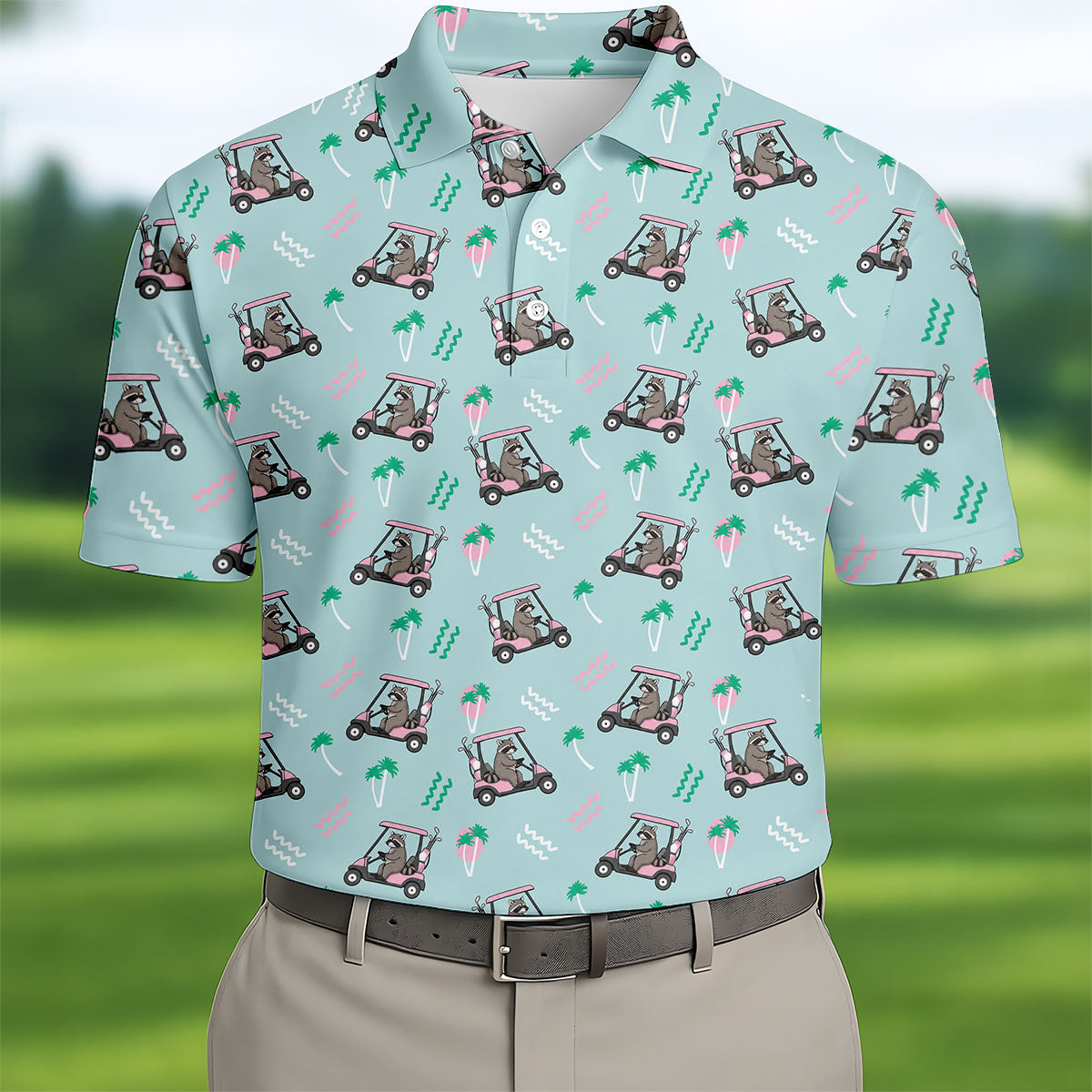 Funny Raccoon Golf Cart Tropical Polo Shirt, Hawaiian Golf Shirt, Golf Shirts For Men