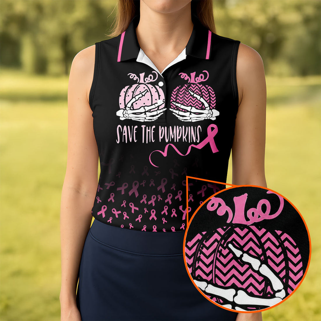 Save The Pumpkins Skeleton Breast Cancer Polo Shirt, Womens Golf Tops, Printed Golf Shirt