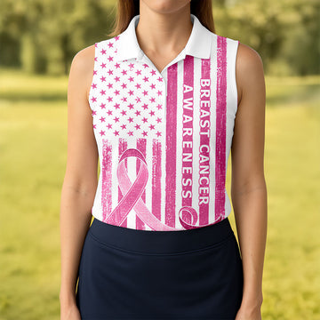 American Flag Breast Cancer Ribbon Polo Shirt, Women’s Golf Polo, Ladies Golf Tops