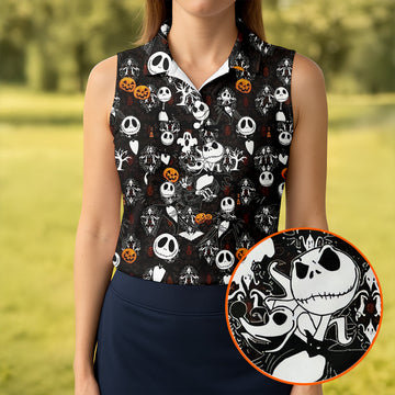 Halloween Pumpkin Skeleton Pattern Golf Polo Shirt, Golf Shirts For Women, Ladies Golf Tops