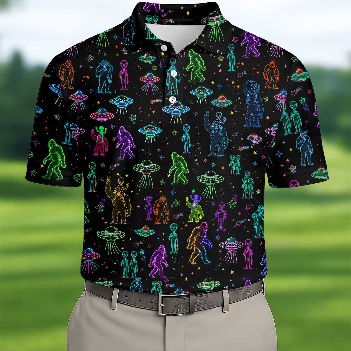 Neon Bigfoot Alien UFO Pattern Golf Polo Shirt, Men's Golf Shirt, Printed Golf Shirts