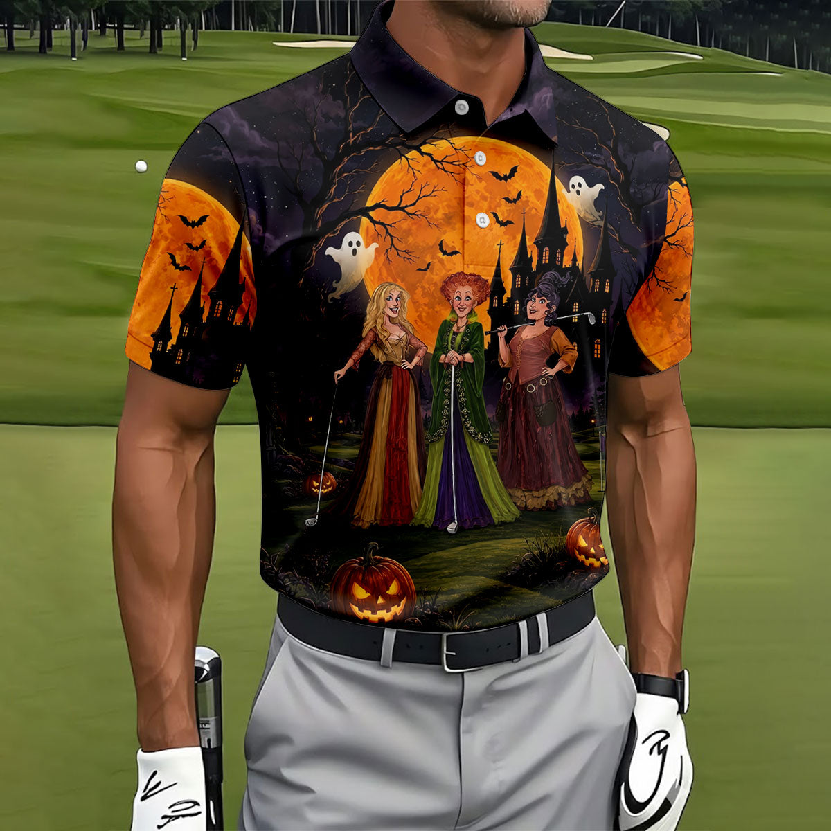 Three Witches Horror Character Golf Polo Shirt, Halloween Shirt, Golf Shirts For Men