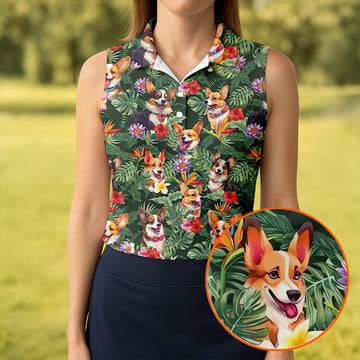 Tropical Corgi Dog Hawaiian Golf Polo Shirt, Golf Shirts For Women, Women's Golf Apparel