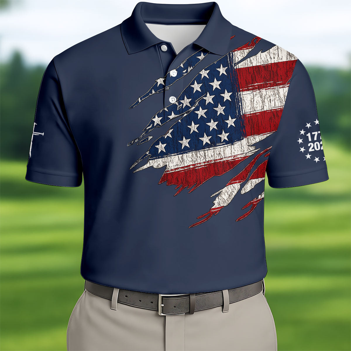 250th Anniversary Faith Cross Distressed USA Flag 4th Of July Golf Shirt, Patriotic Golf Shirt, Polo For Men