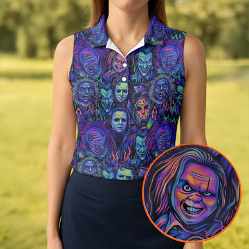 Neon Horror Character Villains Halloween Golf Shirt, Women's Golf Polo, Ladies Golf Tops
