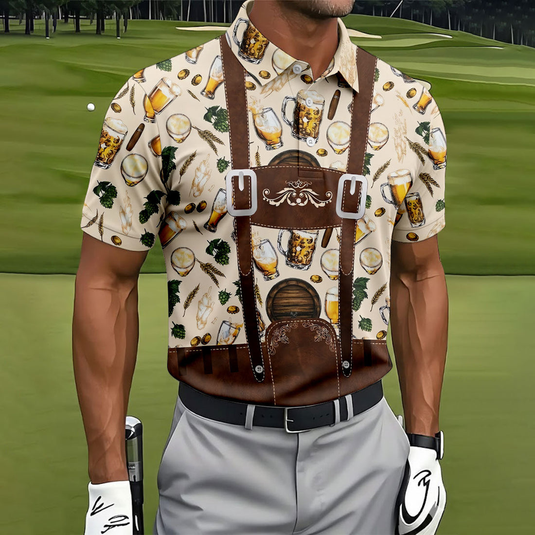 Oktoberfest Lederhosen Beer Pattern Golf Polo Shirt, Hawaiian Golf Shirt, Mens Golf Polo