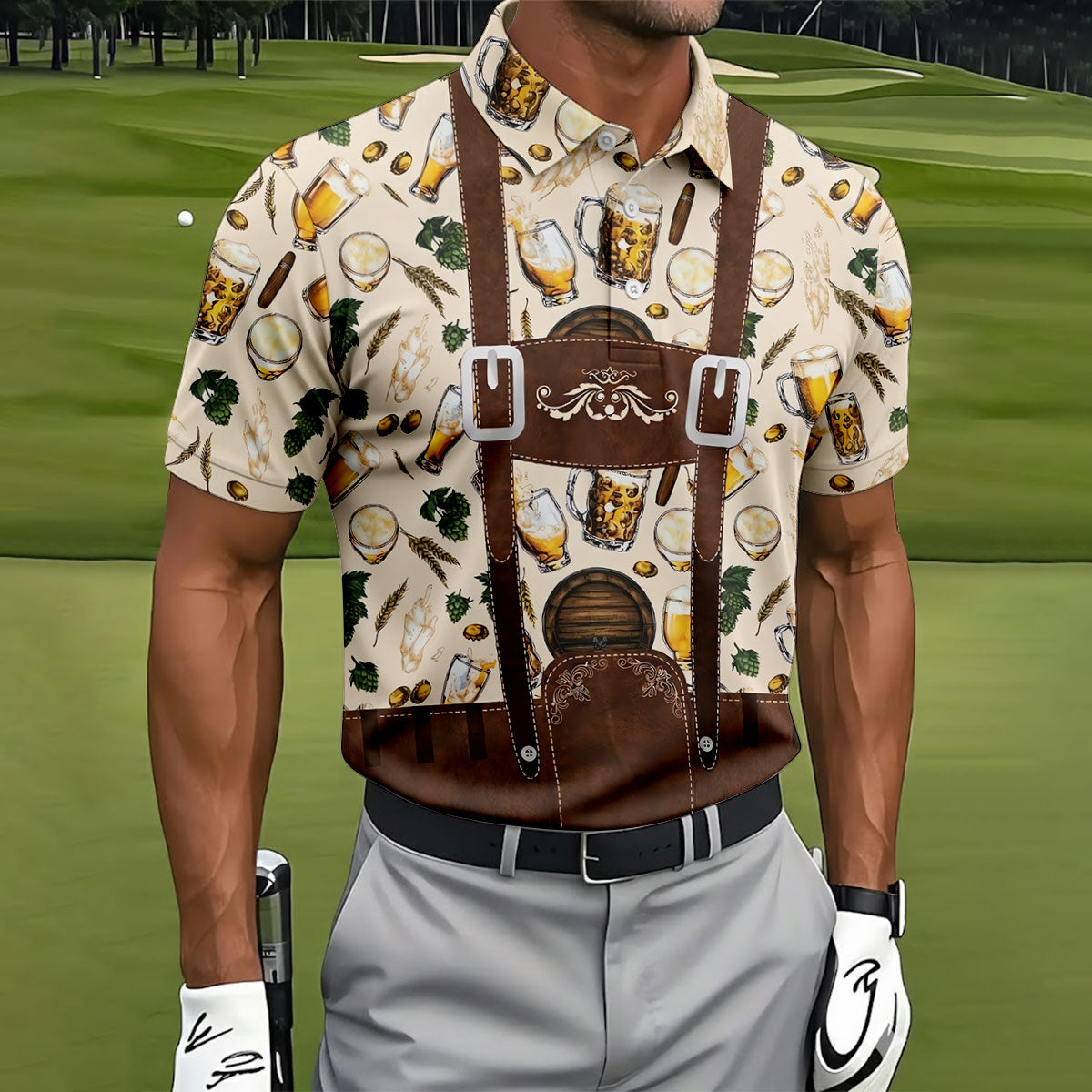 Oktoberfest Lederhosen Beer Pattern Golf Polo Shirt, Hawaiian Golf Shirt, Mens Golf Polo