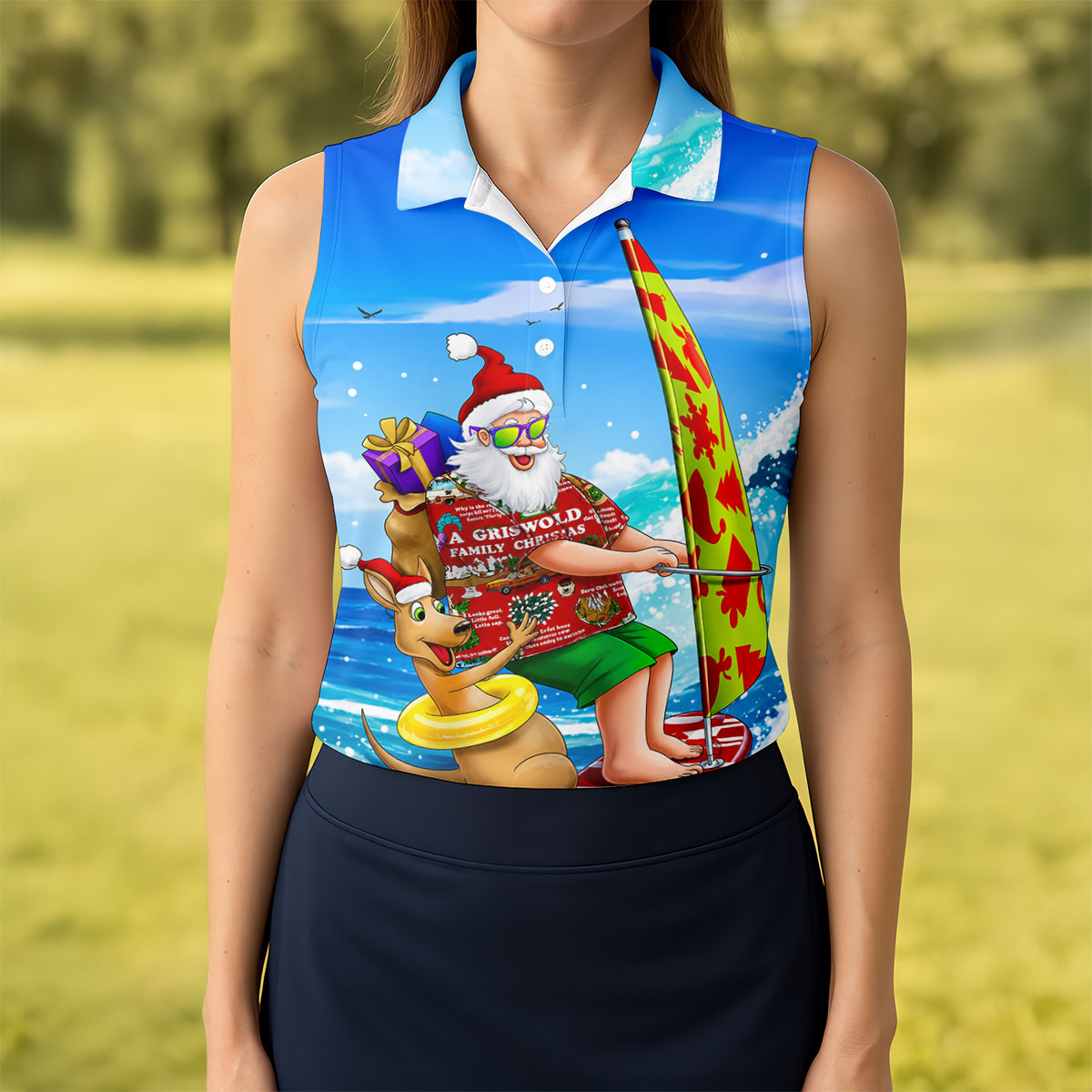 Santa And Reindeer Beach Surfing Christmas Golf Shirt, Women's Golf Tops, Hawaiian Golf Shirt
