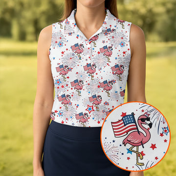 Patriotic Flamingo American Flag Polo Shirt, Womens Golf Polo, Golf Shirts For Women