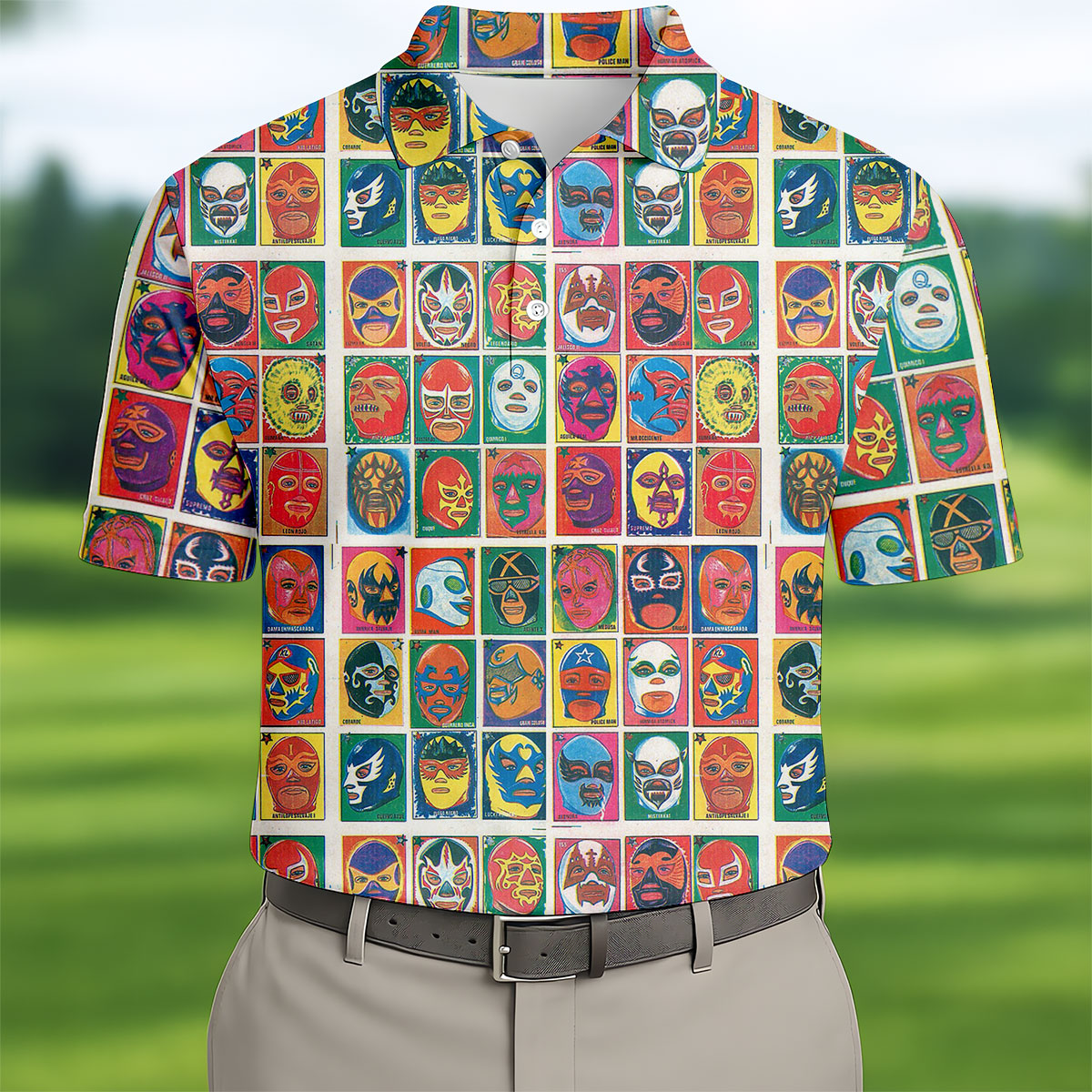 Lucha Libre Mask Grid Pattern Golf Tops For Men, Cinco De Mayo Celebration Golf Shirts For Men