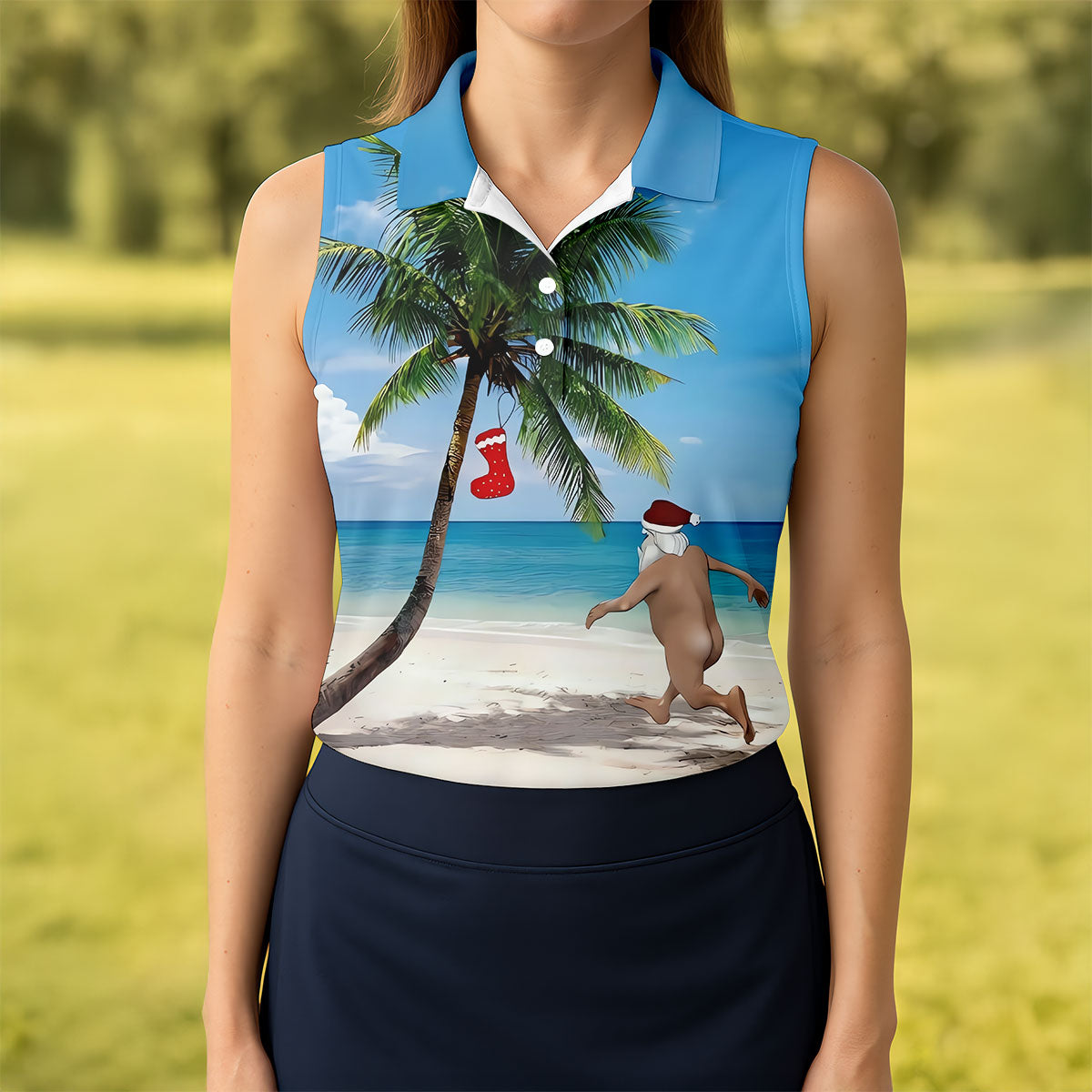 Funny Santa Running On Tropical Beach Christmas Golf Shirt, Women's Golf Tops, Golf Shirts For Women