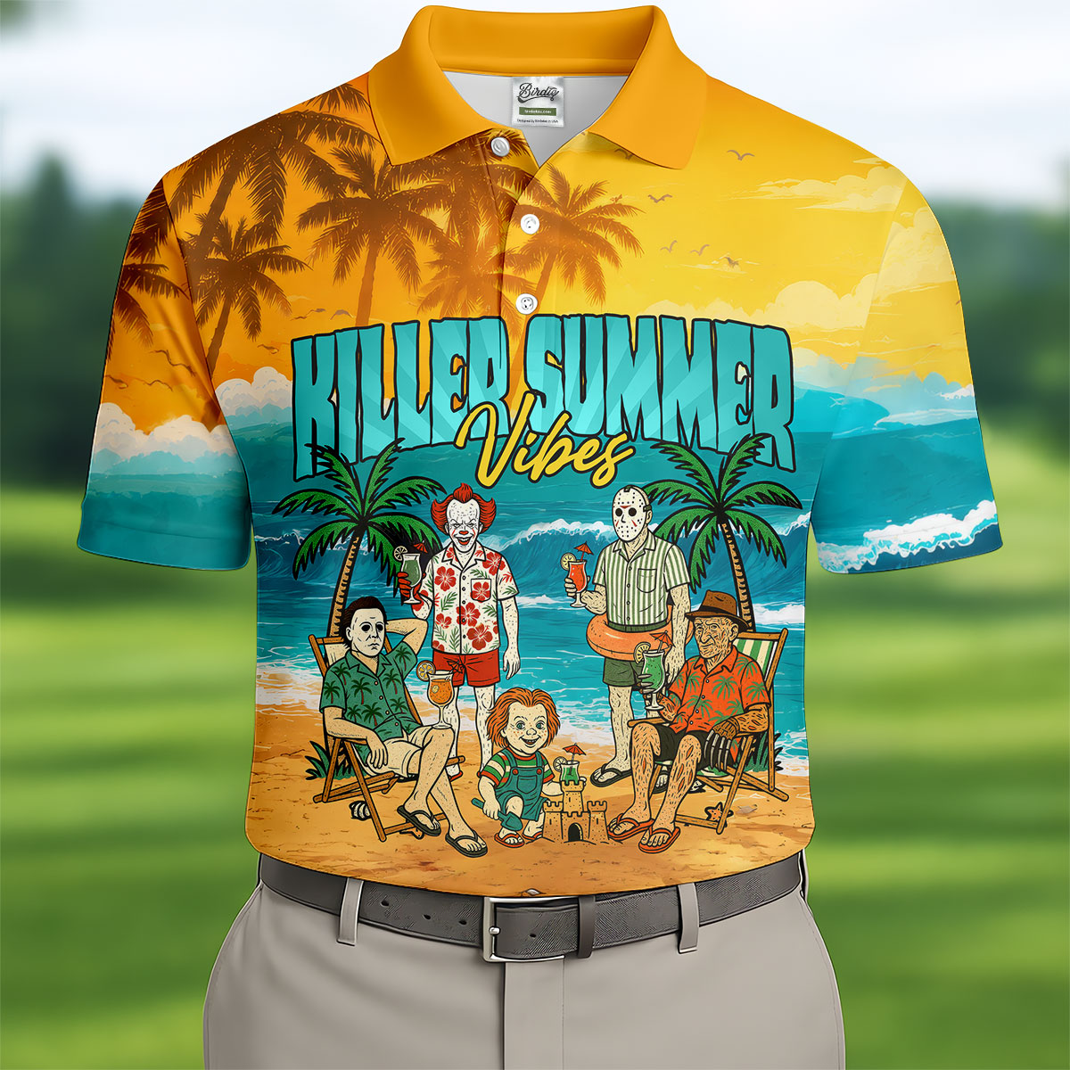 Killer Summer Vibes Horror Beach Party Golf Hawaiian Shirt, Men's Golf Shirt, Mens Golf Polo