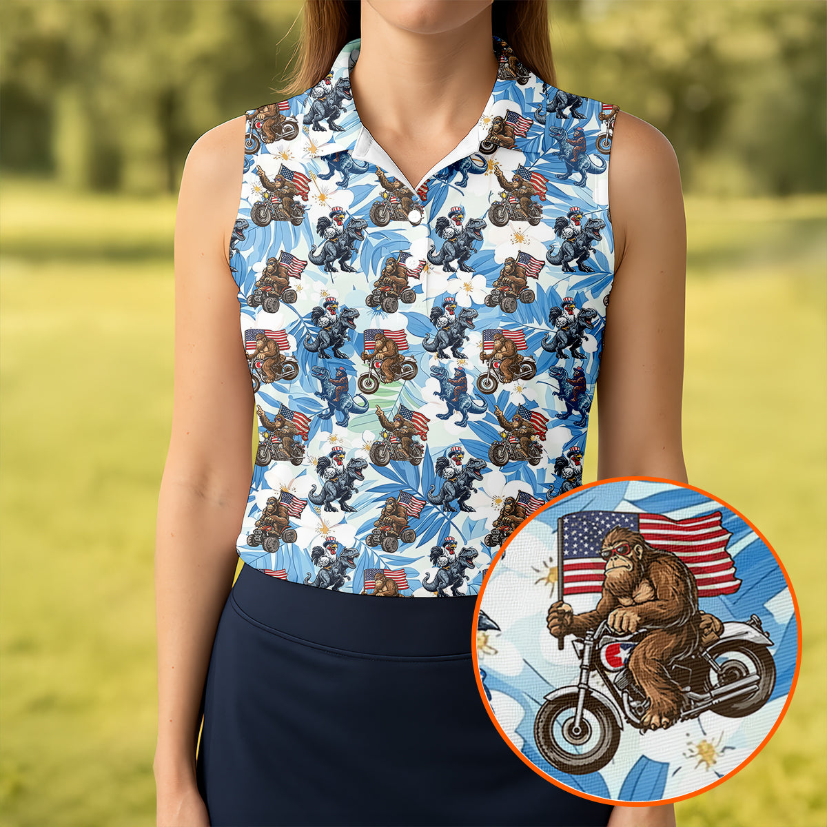 Patriotic Bald Eagle Funny T-Rex Bigfoot Hawaiian Golf Shirt, 250 Years 4th Of July Golf Shirt For Women