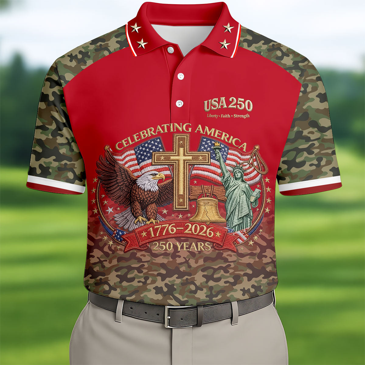 Liberty Faith Strength Faith Cross USA 250 Red Camo Golf Shirt, 4th Of July Golf Shirts For Men