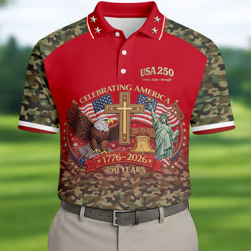 Liberty Faith Strength Faith Cross USA 250 Red Camo Golf Shirt, 4th Of July Golf Shirts For Men