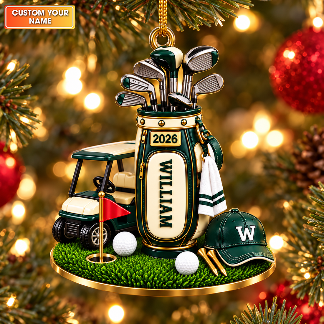 Custom Name Golf Bag Cart Acrylic Ornament, Golf Christmas Gifts, Holiday Decorations
