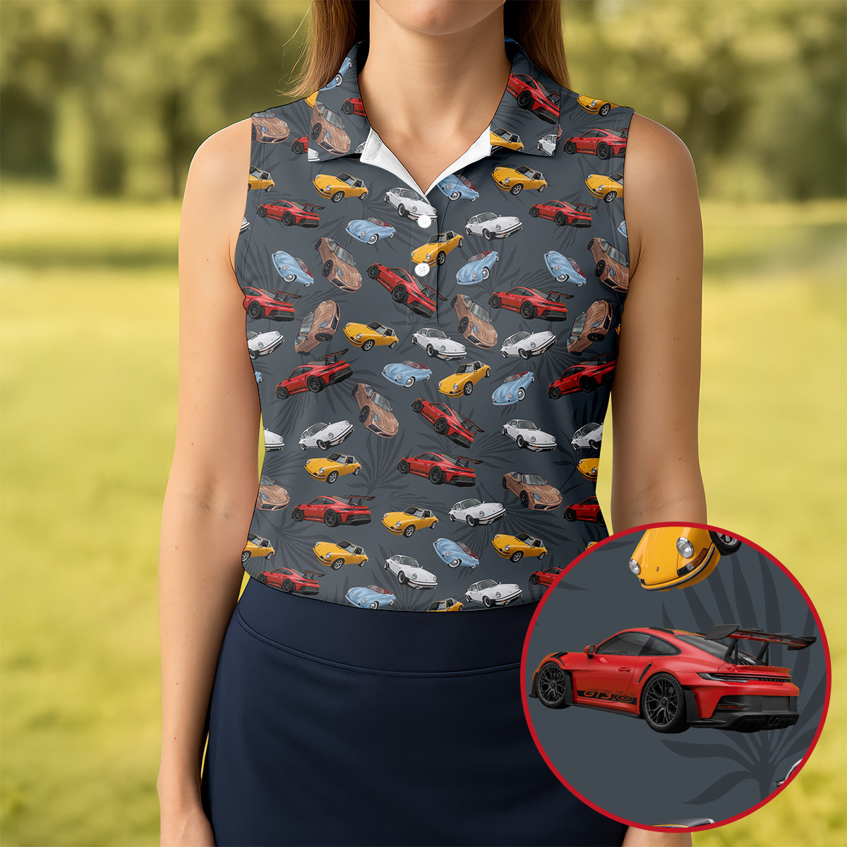 Charcoal Vintage Sports Car Pattern Golf Polo Shirt, Golf Shirts For Women, Women's Golf Polo
