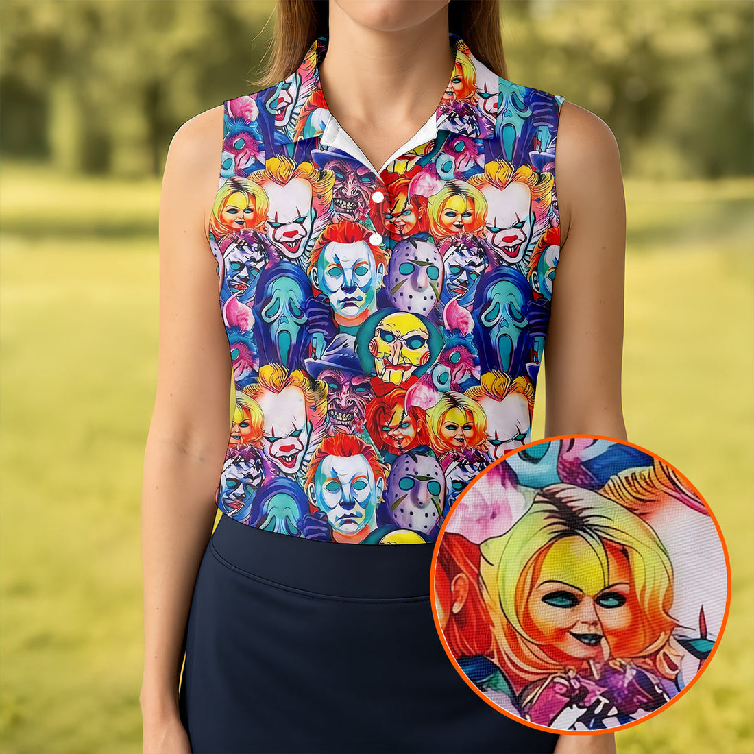 Colorful Horror Character Faces Halloween Polo Shirt, Golf Polo For Women, Ladies Golf Top