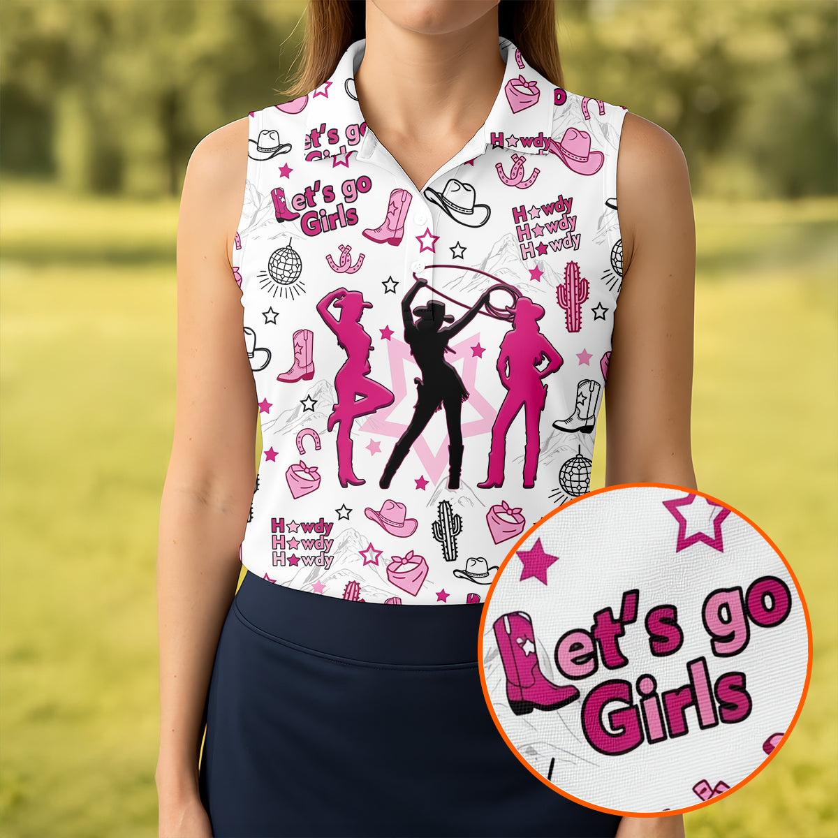 Pink Black Three Cowgirls Western Golf Polo Shirt, Women's Golf Polo, Ladies Golf Tops